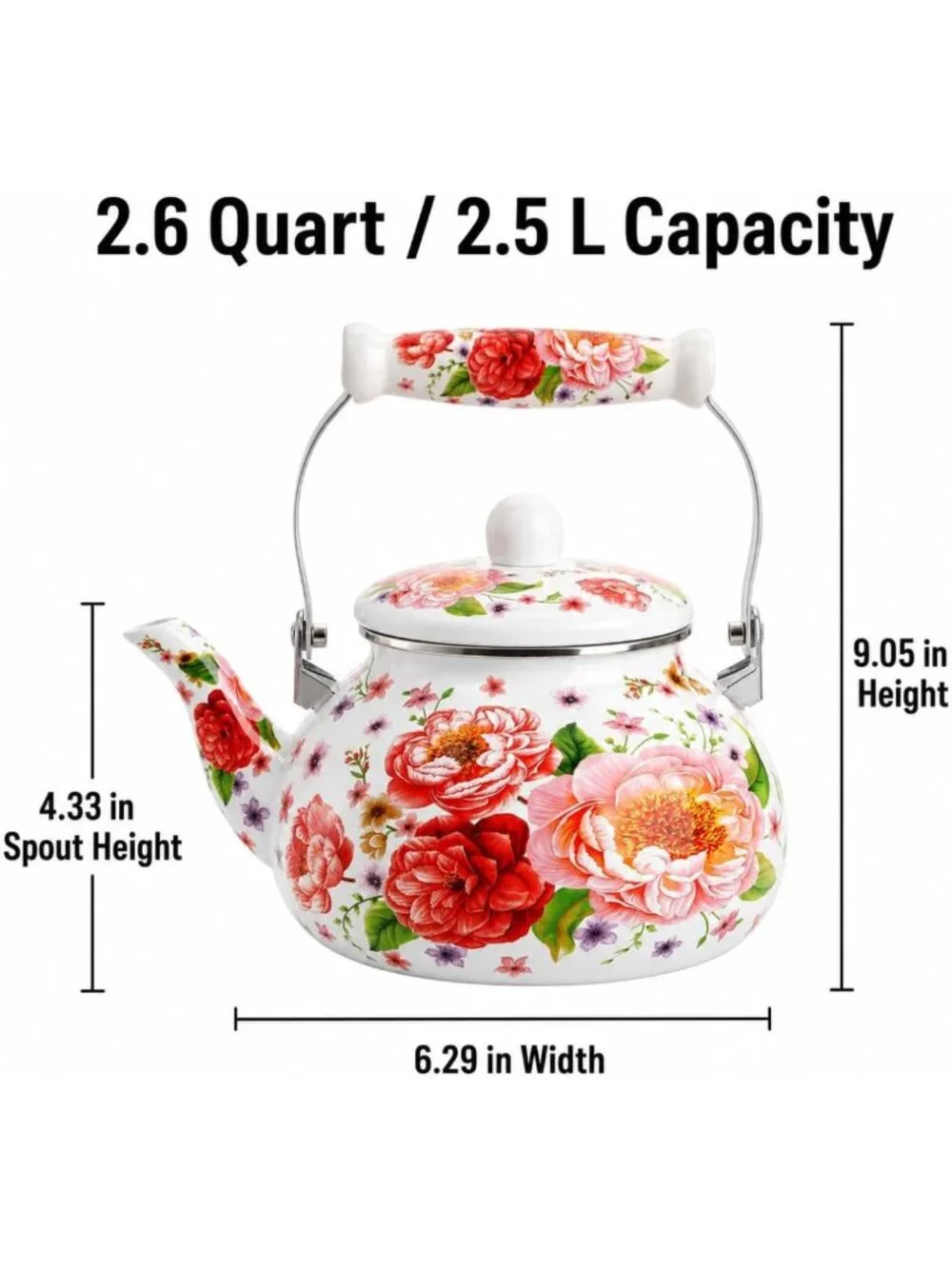 Vintage Floral Enamel Tea Kettle 2.6 Qt - Non-Whistling, Multi-Use & Hand Wash